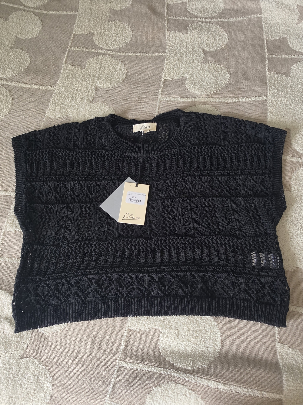 Elan Black Open-Knit Short Sleeve Crew Top
